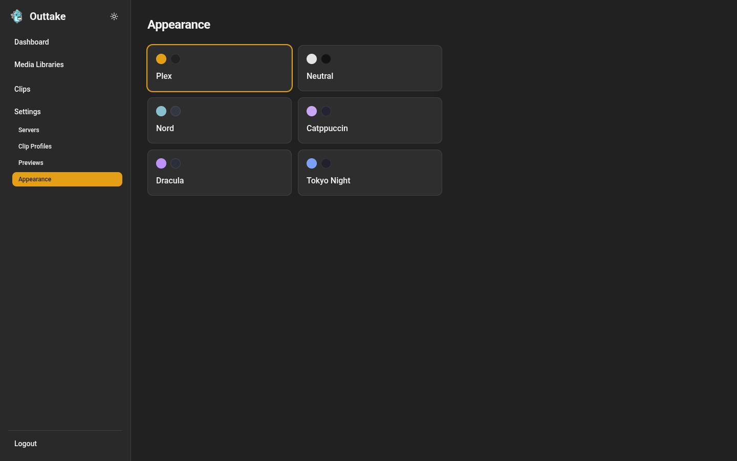The Appearance page, with the Plex, Neutral, Nord, Catppuccin, Dracula, and Tokyo Night palettes