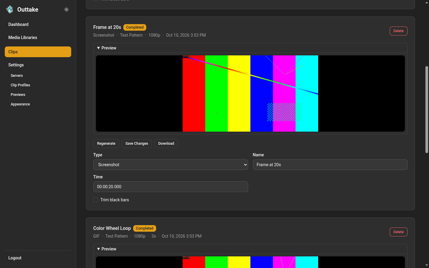 A completed screenshot clip, open to its preview, with Regenerate, Save Changes, and Download