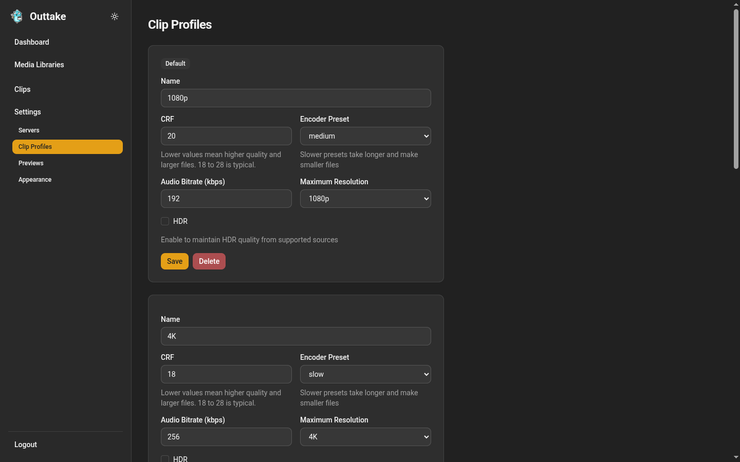 The Clip Profiles page, with the default 1080p profile and the 4K profile